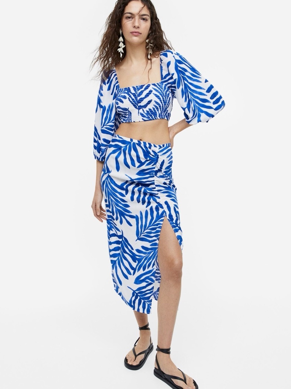 H&M Blue and White Tropical Leaf Print Crop Top & Midi high waist Skirt Set